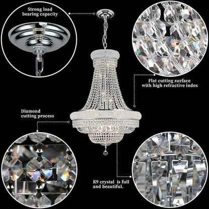 Crystal Chandeliers for Dining Room Light Fixture，Empire Style K9 Crystal Chandeliers for Entryway，18 Lights Chrome Luxury Lighting Fixtures for Living Room Bedroom Foyer Hallway D26 Inch