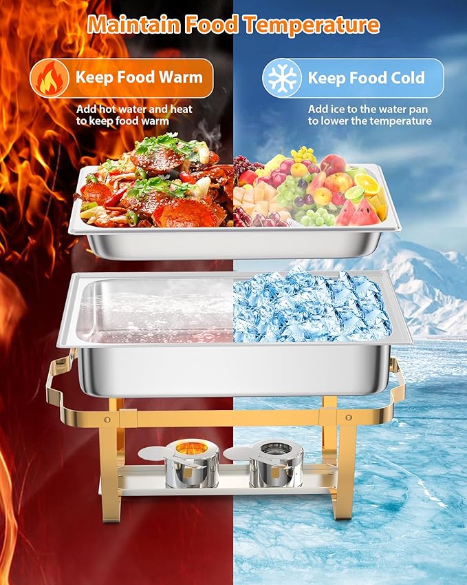 4 Pack Chafing Dishes for Buffet, Stainless Steel Catering Chafer with Lids, Pans & Fuel Holder, 8QT Food Warmers for Parties Buffet, Buffet Servers and Warmers for Parties, Events, Weddings, Gold
