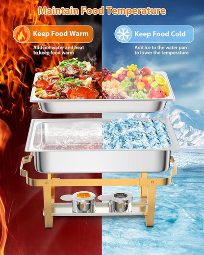 4 Pack Chafing Dishes for Buffet, Stainless Steel Catering Chafer with Lids, Pans & Fuel Holder, 8QT Food Warmers for Parties Buffet, Buffet Servers and Warmers for Parties, Events, Weddings, Gold