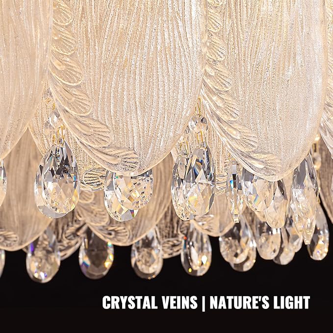 Drum Chandelier for Dining Room,24-ihch Modern Gold Drum Glass Chandeliers,Luxury Crystal Glass Pendant Ceiling Lighti for Foyer Living Room Bedroom