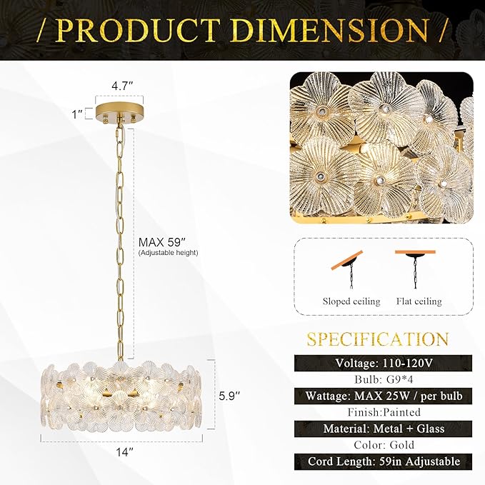 14" Clear Flower Glass Chandelier Elegant 4 Lights Modern Gold Pendant Lighting Fixture for Kitchen Island Dining Room Bedroom Entryway Hallway, G9