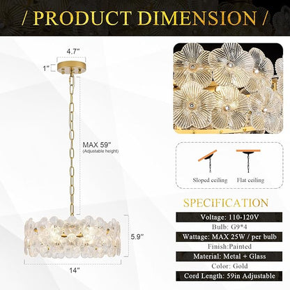 14" Clear Flower Glass Chandelier Elegant 4 Lights Modern Gold Pendant Lighting Fixture for Kitchen Island Dining Room Bedroom Entryway Hallway, G9