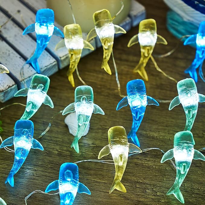 Nautical Theme Ocean Décor Outdoor Beach Decorative String Lights Whale Shark Cute Marine Life Novelty Night Lights 30LED 10ft Battery Operated for Outdoor Indoor Decor