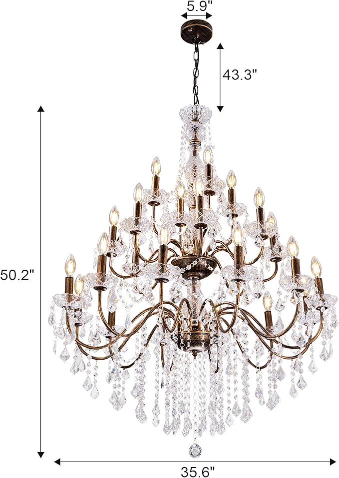 Wellmet Black Chandelier Light Fixture, Luxury Maria Theresa Crystal Chandeliers for High Ceiling Foyer, 24 Lights Hanging Pendant Light for Living Room EntryWay Hall Staircase Large 35.66" (Bronze)