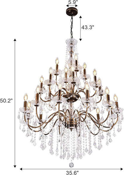 Wellmet Black Chandelier Light Fixture, Luxury Maria Theresa Crystal Chandeliers for High Ceiling Foyer, 24 Lights Hanging Pendant Light for Living Room EntryWay Hall Staircase Large 35.66" (Bronze)