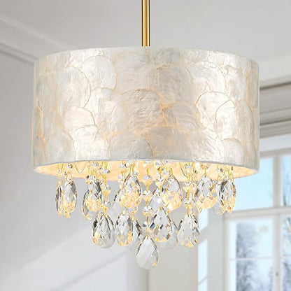 LumFurn D12 inch Capiz Shell Crystal Drum Chandeliers, 3-Light Coastal Style Pendant Light Fixture for Dining Room, Living Room, D12 x H19~49"(Adjustable Height), Shell Lampshade & Gold Finish