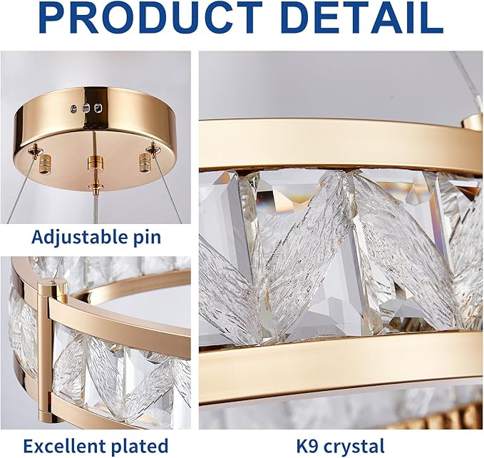Depuley Modern LED Crystal Chandeliers: 19.7" Ring Chandelier Hanging Crystal Ceiling Light Fixture - 42W Adjustable Height Pendant Light for Living Room Dining Room Bedroom Foyer