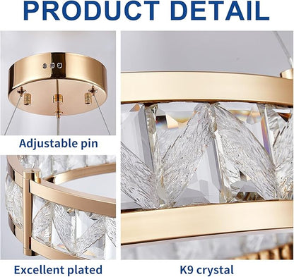 Depuley Modern LED Crystal Chandeliers: 19.7" Ring Chandelier Hanging Crystal Ceiling Light Fixture - 42W Adjustable Height Pendant Light for Living Room Dining Room Bedroom Foyer