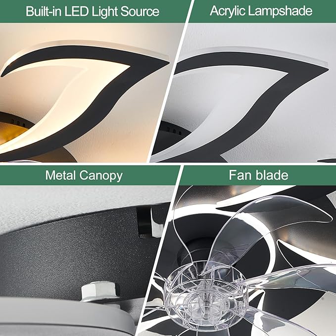 Yfrest Modern Ceiling Fan with Light and Remote, Low Profile Ceiling Fans with Lights, 32 Inch Black Flush Mount Ceiling Fan with 3 Light Color 6 Speeds, Fandelier Ceiling Fans for Kitchen Bedroom