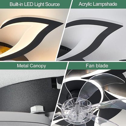 Yfrest Modern Ceiling Fan with Light and Remote, Low Profile Ceiling Fans with Lights, 32 Inch Black Flush Mount Ceiling Fan with 3 Light Color 6 Speeds, Fandelier Ceiling Fans for Kitchen Bedroom