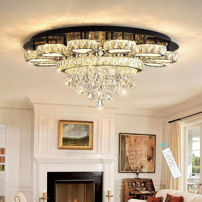 HAIXIANG Chandelier for Living Room Dining Room Modern LED Light Chandeliers Fixtures Remote Dimmbale Lighting Black Crystal Lights