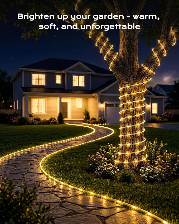 Brightown Solar Rope Lights, 1 Pack 39FT 100 LED Warm White Solar String Lights Outdoor, IP65 Waterproof Solar Powered Fairy Lights with 8 Lighting Modes for Yard Garden Patio Tree Decoration