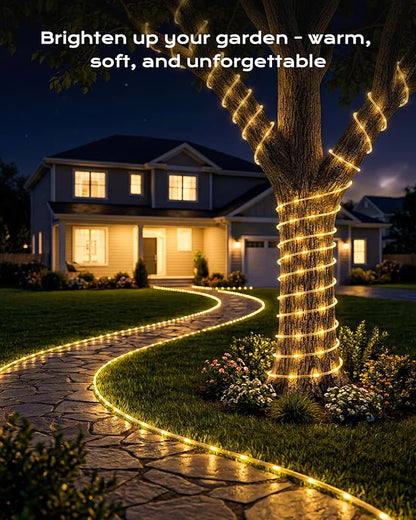 Brightown Solar Rope Lights, 1 Pack 39FT 100 LED Warm White Solar String Lights Outdoor, IP65 Waterproof Solar Powered Fairy Lights with 8 Lighting Modes for Yard Garden Patio Tree Decoration