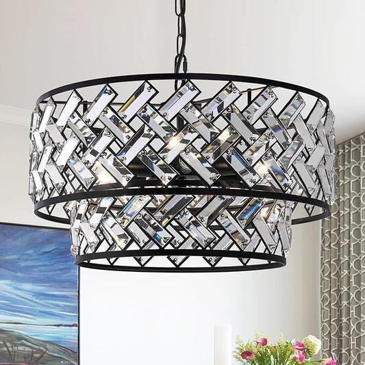 Black 6-Light Crystal Pendant Chandelier, Luxury Drum Semi Flush Mount Ceiling Light, 20'' Modern Ceiling Fixture for Dining Room, Living Room, Bedroom, Kitchen, Foyer