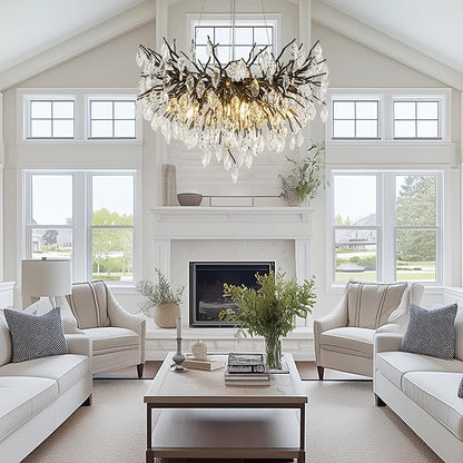 Crystal Chandelier for Dining Room, 24" Black Modern Living Room Light Fixture, Tree Branch Chandeliers with 8-Light, Round Chandelier for Dining Table, Bedroom, Entryway, Bathroom, Foyer