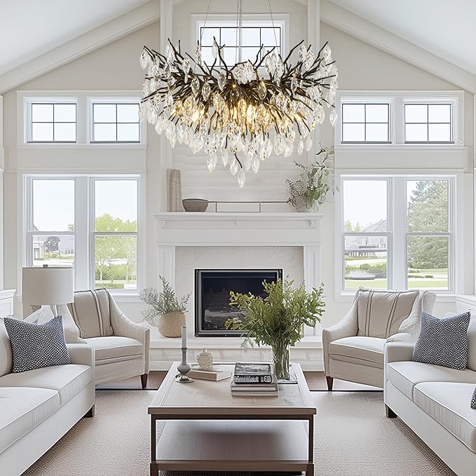 Black Tree Branches Chandelier, 31.5" Dining Room Light Fixture Over Table, Modern Living Room Chandeliers with K9 Crystal, 10-Light Round Chandelier for Kitchen Island, Bedroom, Entryway, Bathroom