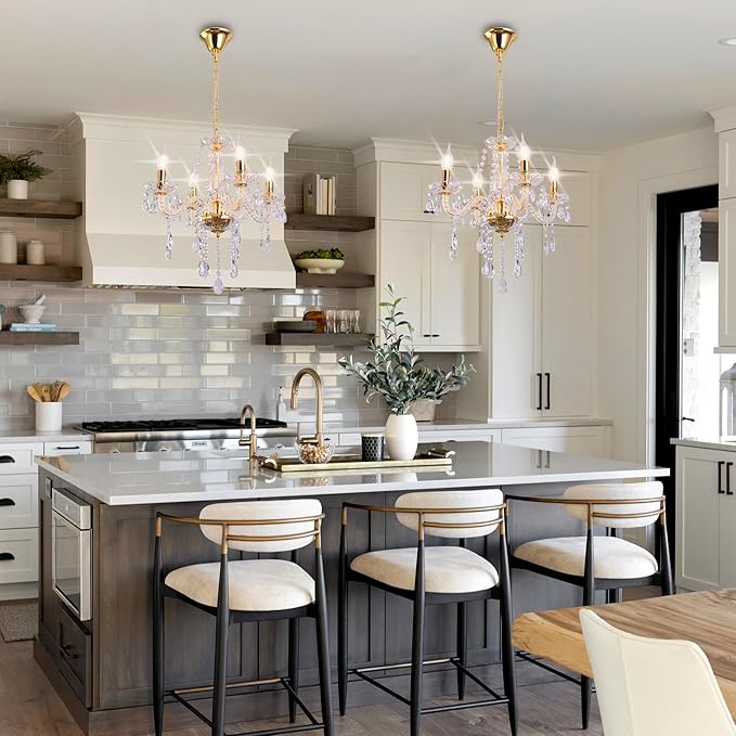 MALOSA Small Gold Crystal Chandeliers,Classic 4 Lights Mini Chandelier,Antique Candle Glass Chandelier for Dining Room,Girls Bedroom,Living Room