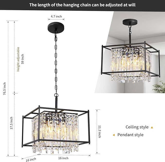 Miuyhji Black Chandeliers for Dining Room, Black Square Industrial Chandelier Crystal Pendant Light for Kitchen Island Dining Room Living Room Flat and Inclined Ceiling,L16 x W16 x H17.5