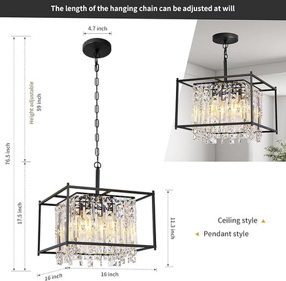 Miuyhji Black Chandeliers for Dining Room, Black Square Industrial Chandelier Crystal Pendant Light for Kitchen Island Dining Room Living Room Flat and Inclined Ceiling,L16 x W16 x H17.5