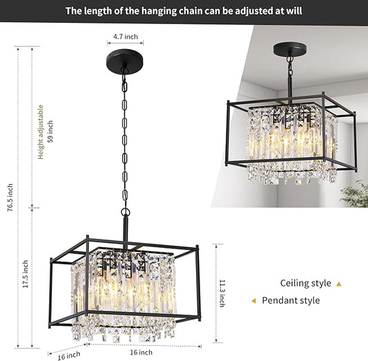 Miuyhji Black Chandeliers for Dining Room, Black Square Industrial Chandelier Crystal Pendant Light for Kitchen Island Dining Room Living Room Flat and Inclined Ceiling,L16 x W16 x H17.5