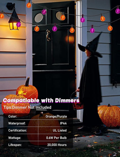 SUNSGNE G40 LED Halloween String Lights Outdoor 50FT Halloween Globe Lights with 27 LED Shatterproof Clear Orange Purple Bulbs(2 Spare) for Patio Balcony Backyard Pergola Decor