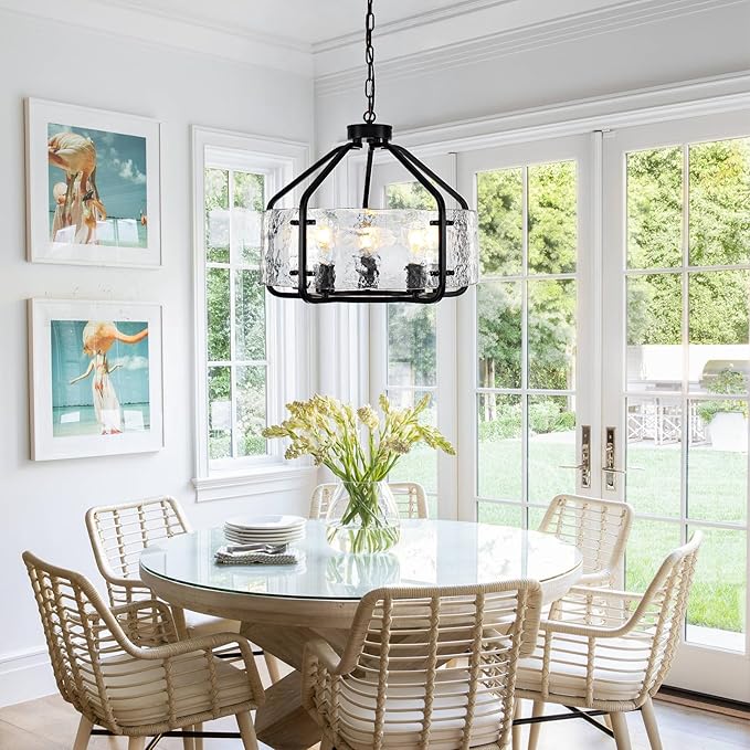 Luupyia 20 Inches Black Glass Drum Chandelier, 5Lights Modern Glass Chandelier, Height Adjustable Drum Chandeliers Crystal Pendant Light Over Dining Room Table Kitchen Entryway Chandeliers for Foyer