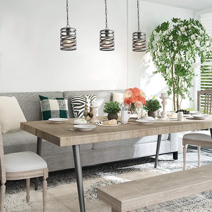 LNC Pendant Lighting for Kitchen Island, Rustic Farmhouse Pendant Light for Dining Room with Dark Silver Painted Finish, W 7" x H 12"