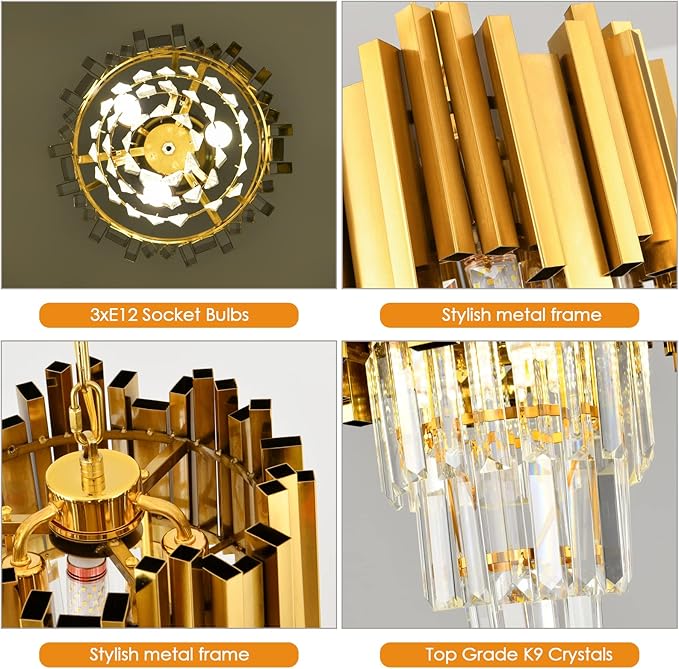 Gold Pendant Light Fixtures Dining Room Chandelier 3-Light Modern Small Crystal Pendant Lights Kitchen Island Kitchen Living Room entryway Bedroom Round Ceiling Hanging Light fixtures 3-Tiers W11.8in
