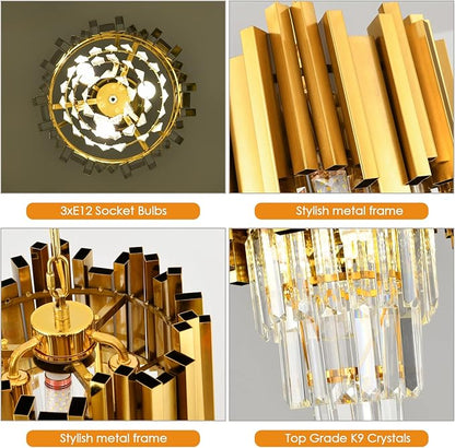 Gold Pendant Light Fixtures Dining Room Chandelier 3-Light Modern Small Crystal Pendant Lights Kitchen Island Kitchen Living Room entryway Bedroom Round Ceiling Hanging Light fixtures 3-Tiers W11.8in