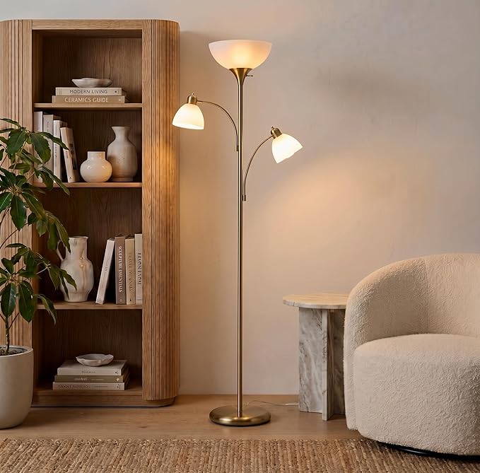 Brightech Sky Dome Double LED Floor lamp, Torchiere Super Bright Floor Lamp with 2 Reading Lamps for Living Rooms & Offices - Dimmable Tall Standing Lamp for Bedroom Reading - Tall Brass Pole