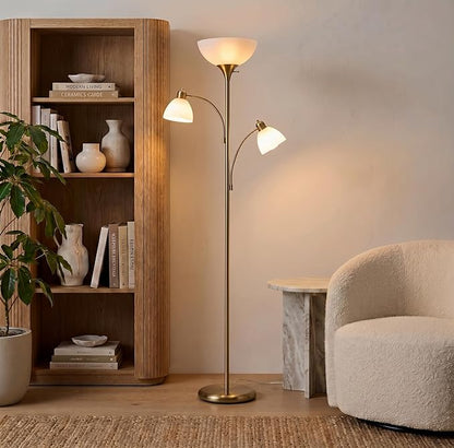 Brightech Sky Dome Double LED Floor lamp, Torchiere Super Bright Floor Lamp with 2 Reading Lamps for Living Rooms & Offices - Dimmable Tall Standing Lamp for Bedroom Reading - Tall Brass Pole