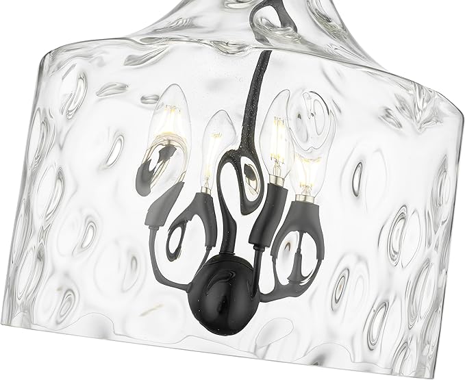 ML Lighting | Santorini Collection | 22604-MB | Indoor 4 Light Metal Pendant in Matte Black with Water Glass Shade | Kitchens, Dining Rooms, Living Rooms, Entryways, Hallways
