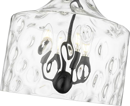 ML Lighting | Santorini Collection | 22604-MB | Indoor 4 Light Metal Pendant in Matte Black with Water Glass Shade | Kitchens, Dining Rooms, Living Rooms, Entryways, Hallways