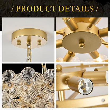 24" Clear Flower Glass Chandeliers 8-Lights Modern Gold Chandelier Light Fixture Luxury Pendant Lighting for Foyer Entryway Living Dining Room Kitchen, E12