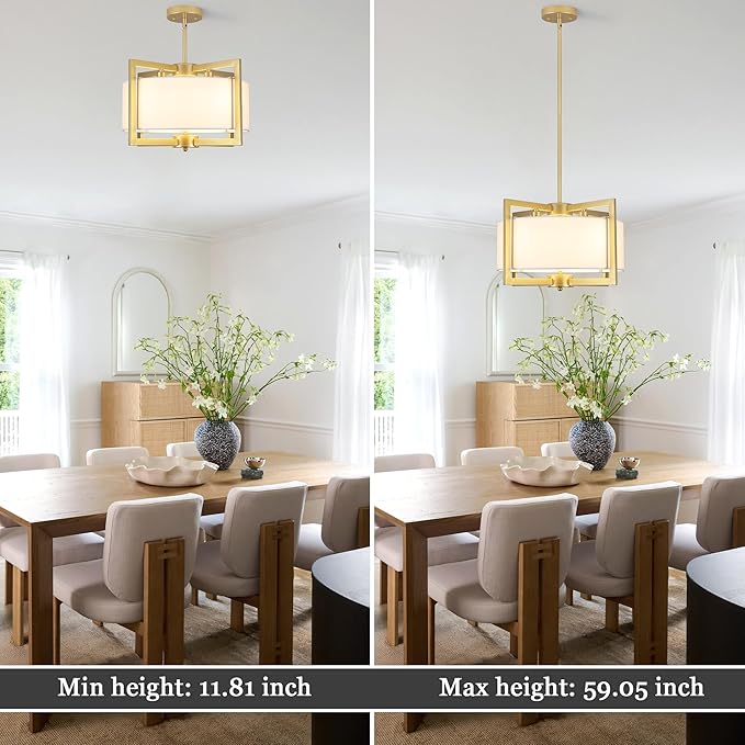 4-Light Modern Chandelier for Dining Room, 18'' Drum Pendant Light Fixture Chandelier with Fabric Shade, Farmhouse Chandeliers Hanging Lighting Fixtures for Foyer Entryway Living Room, Gold