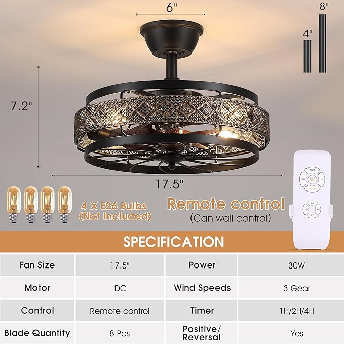 SHIHOT 18" Black Caged Ceiling Fan with Lights, Bladeless Industrial Ceiling Fan with Remote, 6 Speeds, Farmhouse Ceiling Fan Light Fixture for Kitchen, Bedroom(Bulbs Not Included)