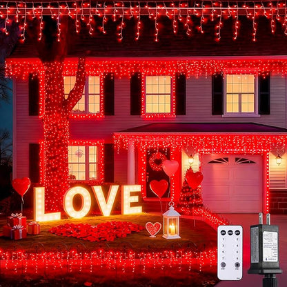 JMEXSUSS 400 LED Red Valentine Lights Outdoor, Connectable Red Icicle Lights Indoor Outdoor with Remote, Christmas Light for Valentine Room Fireplace Christmas Decorations