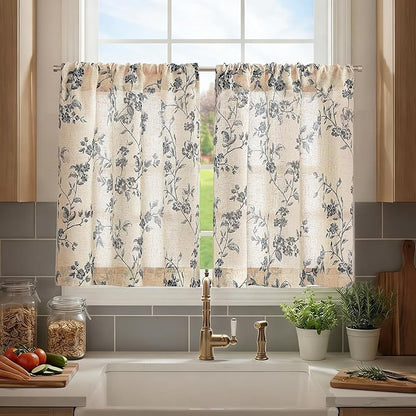 jinchan Floral Kitchen Curtains 30 Inch Linen Tier Curtains Farmhouse Cafe Half Window Drapes Over Sink Light Filtering Black on Beige for Living Room Laundry RV Rod Pocket 2 Panels