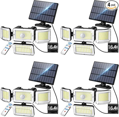 CLAONER Solar Outdoor Lights Motion Sensor 3500LM 288 LED Solar Security Lights with Remote Control IP67 Waterproof 4 Heads Flood Lights with 16.4ft Cable 4 Modes Wall Lights(4 Pack)