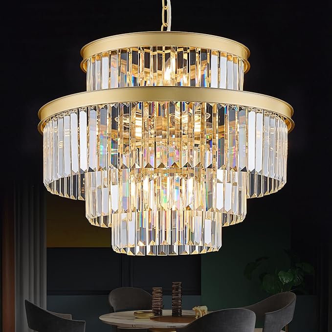 Modern Gold Crystal Chandeliers 15 Lights 4-Tier Luxury K9 Crystal Lighting 22" Round Ceiling Pendant Light Fixture for Living Room Dining Room Bedroom Kitchen Foyer