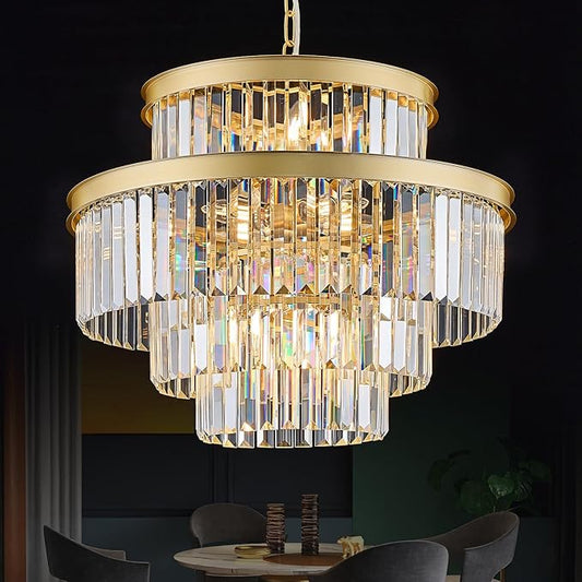 Modern Gold Crystal Chandeliers 15 Lights 4-Tier Luxury K9 Crystal Lighting 22" Round Ceiling Pendant Light Fixture for Living Room Dining Room Bedroom Kitchen Foyer