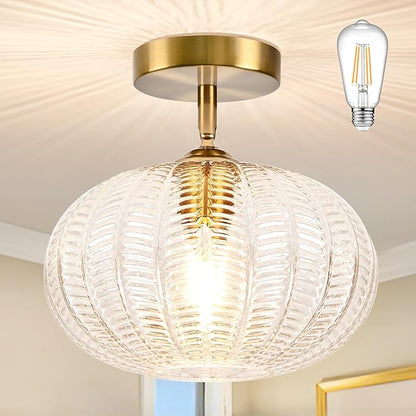 Bagood Gold Semi Flush Mount Ceiling Light Fixture Vintage Ceiling Light Fixture Farmhouse Globe Glass Mid Century Textured Glass Hallway Fixture for Bathroom Entryway (Bulb Incl.)