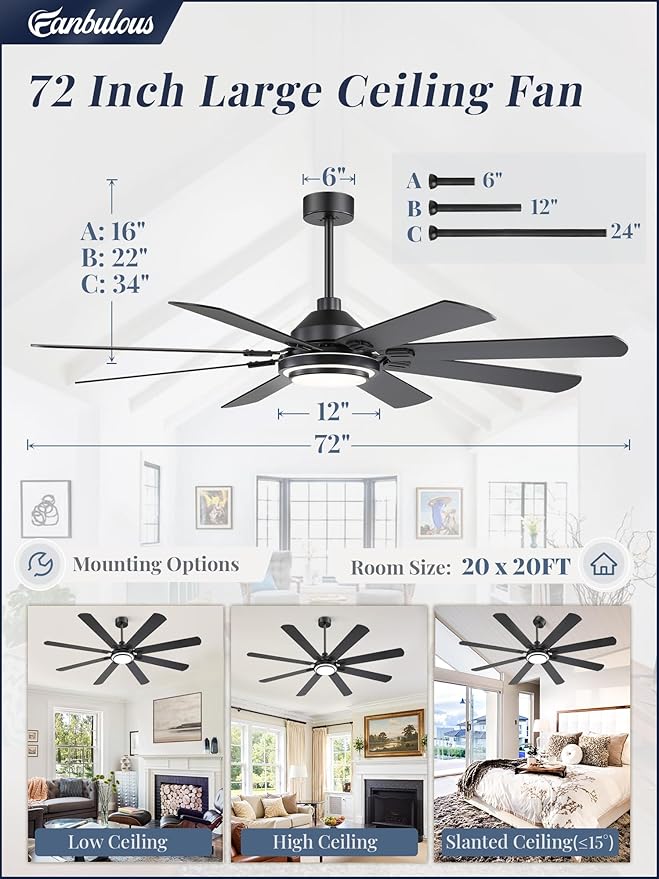 Fanbulous 72 Inch Ceiling Fans with Lights and Remote, Black Ceiling Fan with 8 Dual-Color Blades, Indoor/Outdoor Large Ceiling Fans, Reversible DC Motor, 6-Speed, 3CCT for Living Room Kitchen Patio