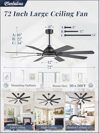 Fanbulous 72 Inch Ceiling Fans with Lights and Remote, Black Ceiling Fan with 8 Dual-Color Blades, Indoor/Outdoor Large Ceiling Fans, Reversible DC Motor, 6-Speed, 3CCT for Living Room Kitchen Patio