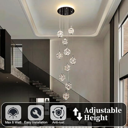 10-Light High Ceilings Long Chandeliers Modern Crystal Staircase Chandelier Hanging Flush Mount Lighting Fixtures for Spiral Staircase,Foyer,Entryway