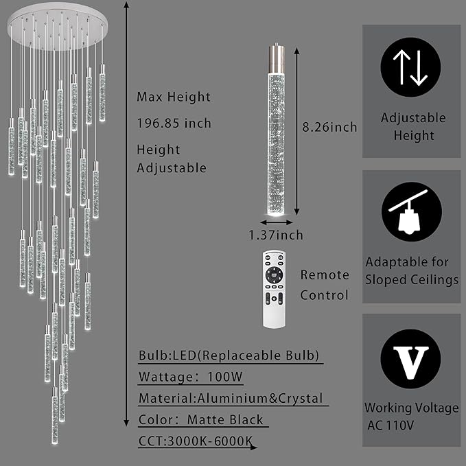 30-Lights Bubble Chandelier for Entryway High Ceiling-196 Height Adjustable Crystal Chandelier,3 Color Temperature Dimmable LED Pendant Light Fixture for Foyer Living Room Staircase,Chrome