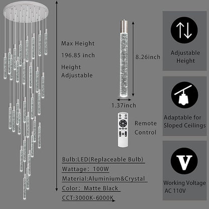 30-Lights Bubble Chandelier for Entryway High Ceiling-196 Height Adjustable Crystal Chandelier,3 Color Temperature Dimmable LED Pendant Light Fixture for Foyer Living Room Staircase,Chrome
