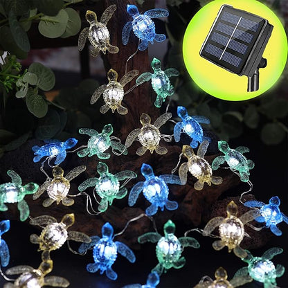 Bartlett Beach Solar Lights Decorative Outdoor Waterproof Ocean Décor Nautical Cute Sea Turtles Balcony Lights 40LED 14ft for Tiki Bar Garden Yard Patio Fence Window Fountain Decoration