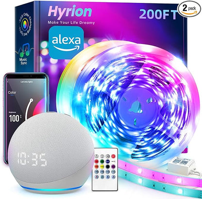 hyrion Smart LED Strip Lights 200ft WiFi, RGB Color Changing Lights Compatible with Alexa and Google Assistant, 16 Million Colors with App Control and Voice Control Led Lights for Bedroom, Room Decor