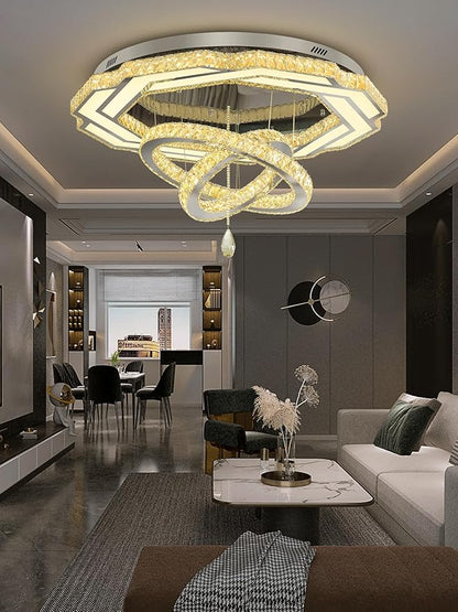 Flashing God Large Crystal Chandelier Dia 48" Silver Chandelier Flush Mount Ceiling Light for Bedroom Living Room Dining Room Hallway Dimmable 3 Rings LED Celing Lighting Fixtures